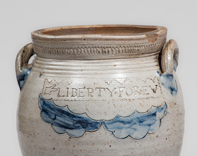 Rare and Fine LIBERTY FOREVER Stoneware Jar, Thomas Warne / Joshua Letts, South Amboy, NJ
