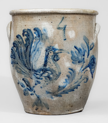 Rare Midwestern Four-Gallon Stoneware Jar w/ Elaborate Cobalt Rooster Decoration, probably Ohio