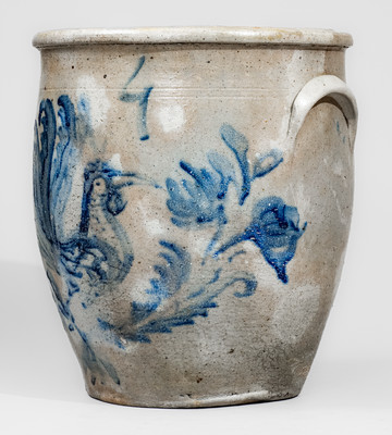 Rare Midwestern Four-Gallon Stoneware Jar w/ Elaborate Cobalt Rooster Decoration, probably Ohio