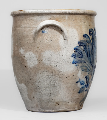 Rare Midwestern Four-Gallon Stoneware Jar w/ Elaborate Cobalt Rooster Decoration, probably Ohio