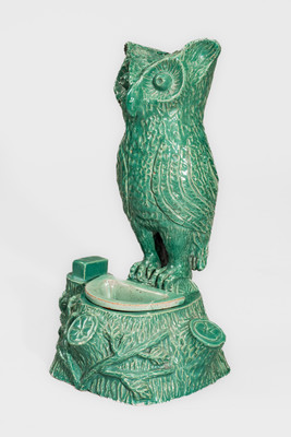 Unusual Aqua-Glazed Stoneware Figure of an Owl, attrib. Alfred Frail, Liverpool, Ohio, c1930