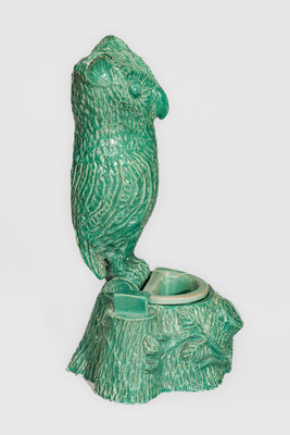 Unusual Aqua-Glazed Stoneware Figure of an Owl, attrib. Alfred Frail, Liverpool, Ohio, c1930