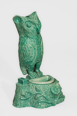 Unusual Aqua-Glazed Stoneware Figure of an Owl, attrib. Alfred Frail, Liverpool, Ohio, c1930