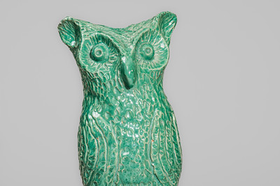 Unusual Aqua-Glazed Stoneware Figure of an Owl, attrib. Alfred Frail, Liverpool, Ohio, c1930