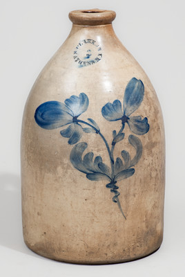 N CLARK, JR / ATHENS N Y Stoneware Jug w/ Cobalt Floral Decoration