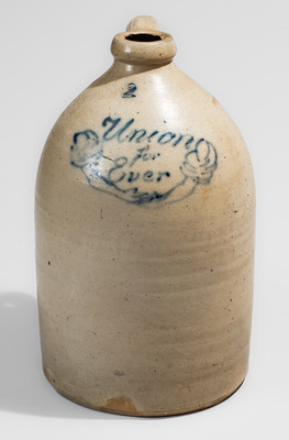 Rare "Union Forever" Stoneware Jug w/ Clasped Hand Decoration, Civil War Era, attrib. Manhattan