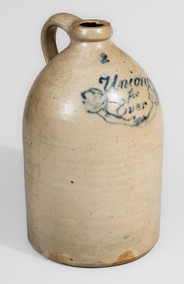 Rare "Union Forever" Stoneware Jug w/ Clasped Hand Decoration, Civil War Era, attrib. Manhattan