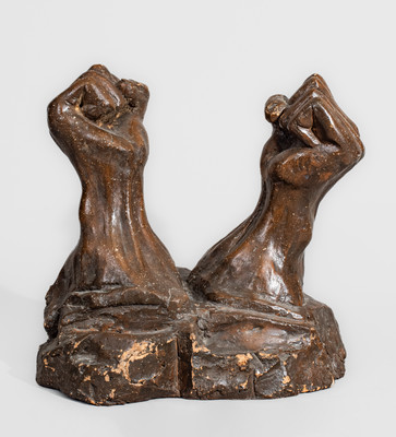 Brown-Glazed Midwestern Stoneware Sculpture of Hands, probably Ohio, late 19th century