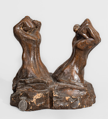 Brown-Glazed Midwestern Stoneware Sculpture of Hands, probably Ohio, late 19th century