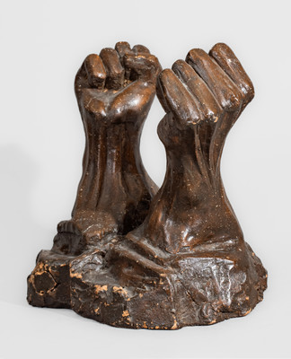 Brown-Glazed Midwestern Stoneware Sculpture of Hands, probably Ohio, late 19th century