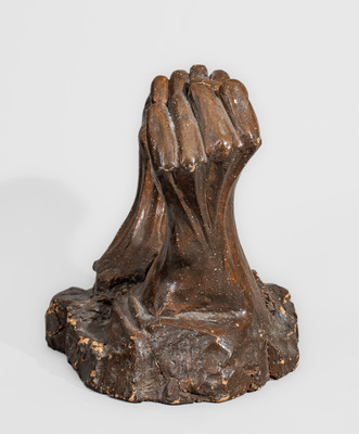 Brown-Glazed Midwestern Stoneware Sculpture of Hands, probably Ohio, late 19th century