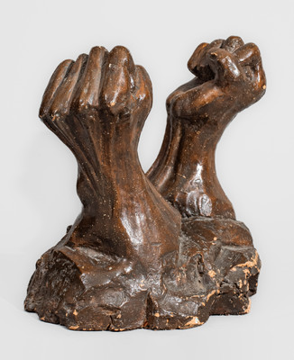 Brown-Glazed Midwestern Stoneware Sculpture of Hands, probably Ohio, late 19th century