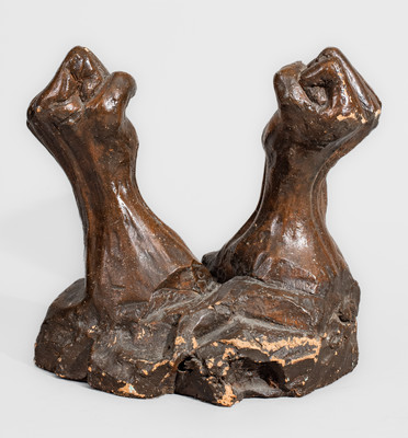 Brown-Glazed Midwestern Stoneware Sculpture of Hands, probably Ohio, late 19th century