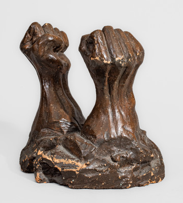 Brown-Glazed Midwestern Stoneware Sculpture of Hands, probably Ohio, late 19th century