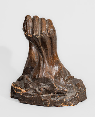 Brown-Glazed Midwestern Stoneware Sculpture of Hands, probably Ohio, late 19th century
