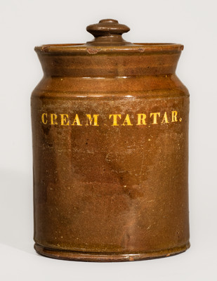 Rare Redware CREAM TARTAR Jar w/ Lid, attrib. Dodge Pottery, Portland, Maine, c1825