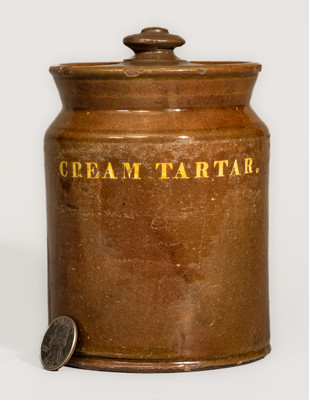 Rare Redware CREAM TARTAR Jar w/ Lid, attrib. Dodge Pottery, Portland, Maine, c1825