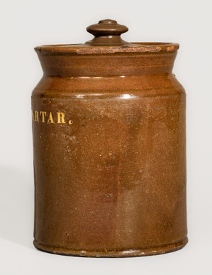 Rare Redware CREAM TARTAR Jar w/ Lid, attrib. Dodge Pottery, Portland, Maine, c1825