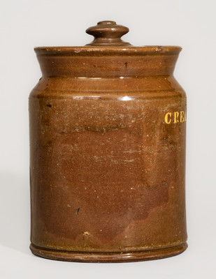 Rare Redware CREAM TARTAR Jar w/ Lid, attrib. Dodge Pottery, Portland, Maine, c1825