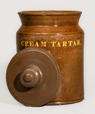 Rare Redware CREAM TARTAR Jar w/ Lid, attrib. Dodge Pottery, Portland, Maine, c1825
