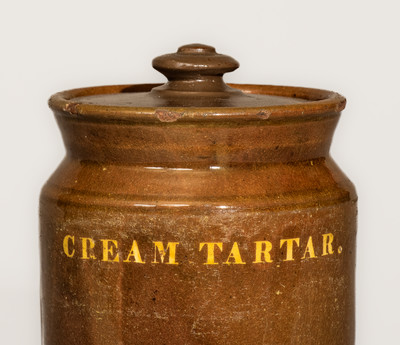 Rare Redware CREAM TARTAR Jar w/ Lid, attrib. Dodge Pottery, Portland, Maine, c1825