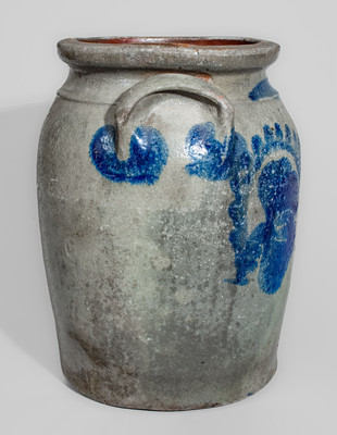 E. FOWLER / BEAVER, PA Three-Gallon Stoneware Jar w/ Cobalt Floral Decoration, c1870
