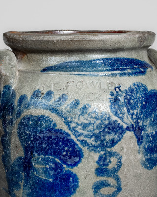 E. FOWLER / BEAVER, PA Three-Gallon Stoneware Jar w/ Cobalt Floral Decoration, c1870