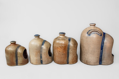 Scarce Graduated Group of Four Cobalt-Decorated Stoneware Chicken Waterers, probably NJ