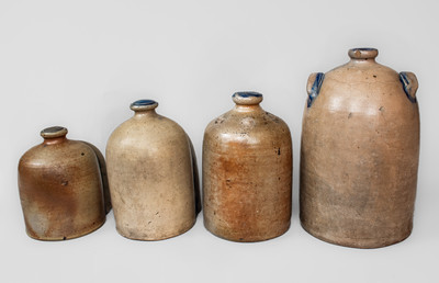 Scarce Graduated Group of Four Cobalt-Decorated Stoneware Chicken Waterers, probably NJ