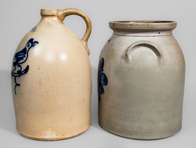 Two Pieces of Northeastern Stoneware w/ Cobalt Bird Decoration