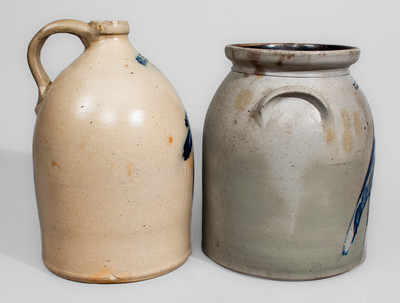 Two Pieces of Northeastern Stoneware w/ Cobalt Bird Decoration