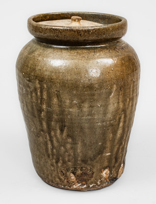 J.W.S. & CO. / PINE HOUSE, S C Alkaline-Glazed Stoneware Jar w/ Lid, c1860
