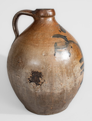 HIGGINS & CO. / CLEVELAND, Ohio Stoneware Jug w/ Elaborate Cobalt Floral Decoration