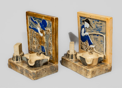 Two J.W. Moore, East Canton, Ohio Stoneware Ashtray Bookends, circa 1930