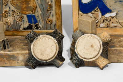 Two J.W. Moore, East Canton, Ohio Stoneware Ashtray Bookends, circa 1930