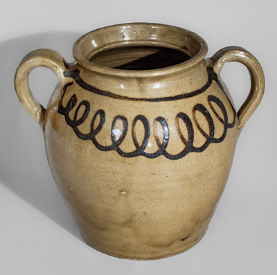 Very Rare Open-Handled Stoneware Jar w/ Iron Slip Decoration, attrib. Thos Chandler, Edgefield District, SC