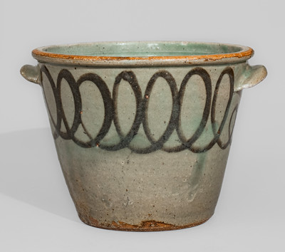 Alkaline-Glazed Stoneware Milk Pan w/ Iron Slip Decoration, attrib. Thomas Chandler, Edgefield District, SC