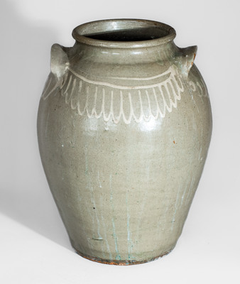 Alkaline-Glazed Stoneware Jar w/ Kaolin Slip Decoration, attrib. Thos Chandler Pottery, Kirksey's Crossroads