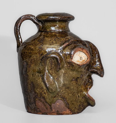 Rare Stoneware Face Jug attrib. Miles Mill Pottery, Edgefield District, SC, circa 1867-85