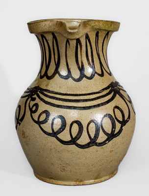 Exceptional Alkaline-Glazed Stoneware Pitcher w/ Profuse Iron Slip Decoration, attrib. Thomas Chandler Pottery