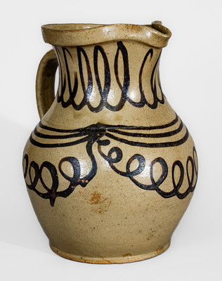 Exceptional Alkaline-Glazed Stoneware Pitcher w/ Profuse Iron Slip Decoration, attrib. Thomas Chandler Pottery