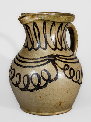 Exceptional Alkaline-Glazed Stoneware Pitcher w/ Profuse Iron Slip Decoration, attrib. Thomas Chandler Pottery