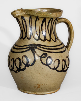 Exceptional Alkaline-Glazed Stoneware Pitcher w/ Profuse Iron Slip Decoration, attrib. Thomas Chandler Pottery