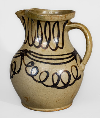 Exceptional Alkaline-Glazed Stoneware Pitcher w/ Profuse Iron Slip Decoration, attrib. Thomas Chandler Pottery