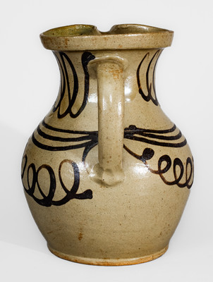Exceptional Alkaline-Glazed Stoneware Pitcher w/ Profuse Iron Slip Decoration, attrib. Thomas Chandler Pottery