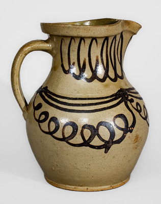 Exceptional Alkaline-Glazed Stoneware Pitcher w/ Profuse Iron Slip Decoration, attrib. Thomas Chandler Pottery