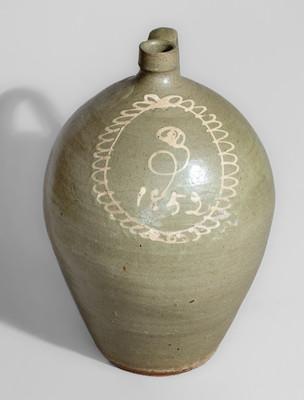 Rare 1852 Alkaline-Glazed Stoneware Jug w/ Kaolin Slip Floral Decoration, attrib. Thos Chandler, Edgefield District, SC