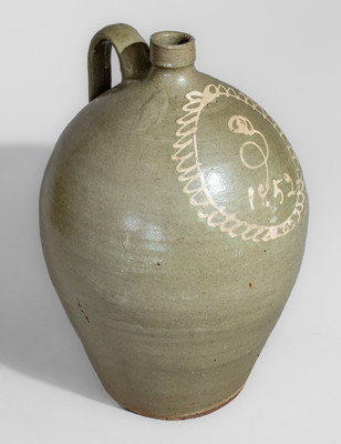 Rare 1852 Alkaline-Glazed Stoneware Jug w/ Kaolin Slip Floral Decoration, attrib. Thos Chandler, Edgefield District, SC