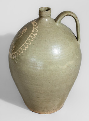 Rare 1852 Alkaline-Glazed Stoneware Jug w/ Kaolin Slip Floral Decoration, attrib. Thos Chandler, Edgefield District, SC