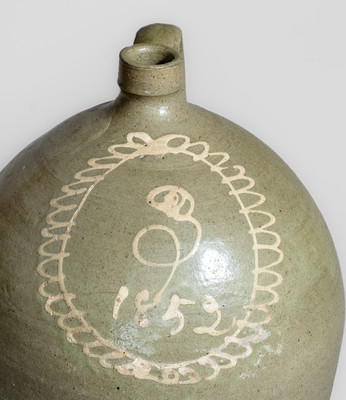 Rare 1852 Alkaline-Glazed Stoneware Jug w/ Kaolin Slip Floral Decoration, attrib. Thos Chandler, Edgefield District, SC